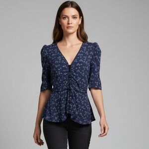 Veronica Beard Hayden Blue Floral Peplum Ruched Blouse Size 0